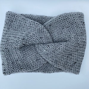 Gray Tweed ear warmer, Knit twist ear warmer, Knit headband, Wide ear warmer, Twisted ear warmer headband, Messy bun ear warmer headband