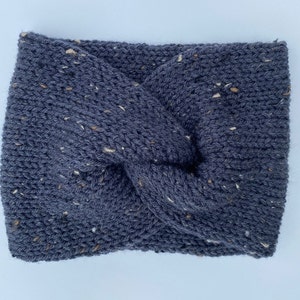 Navy Blue Tweed ear warmer, Knit twist ear warmer, Knit headband, Wide ear warmer, Twist ear warmer headband, Messy bun ear warmer headband