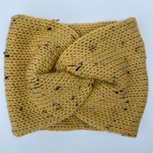 Mustard Tweed ear warmer, Knit twist ear warmer, Knit headband, Wide ear warmer, Twisted ear warmer headband, Messy bun ear warmer headband