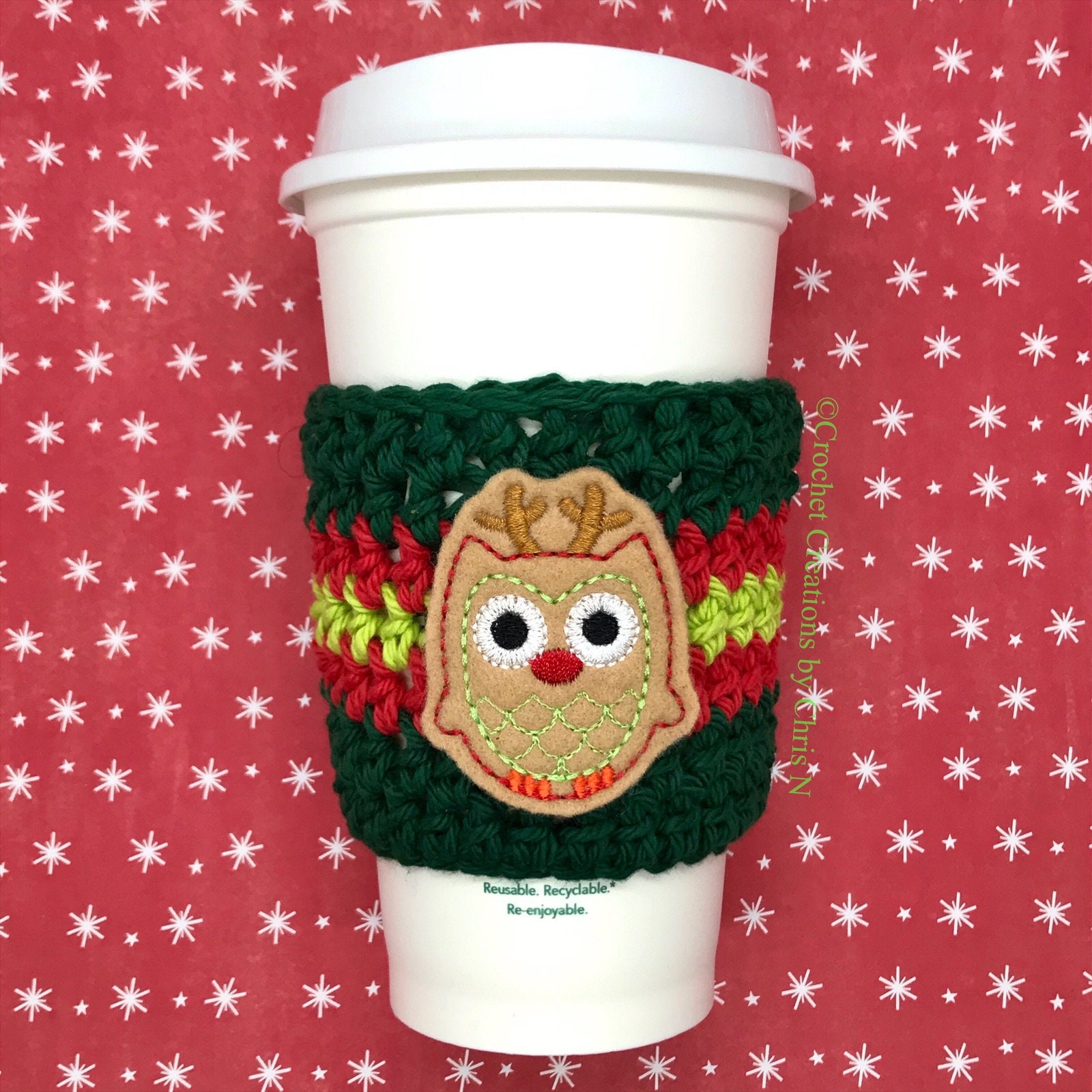 Christmas owl cup cozy, Christmas owl cup sleeve, Crochet cup cozy, Crochet cup sleeve, Stocking stu