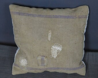 Single piece of vintage burlap and linen pillow cover: spirit country chic creation from old grain bags, handmade