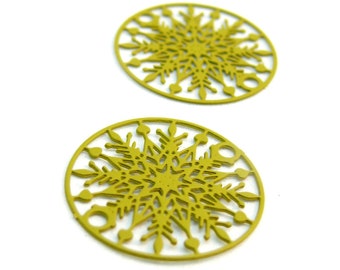 PS110204867 PAX 10 Estampes pendentif connecteur filigrane Medaillon Flocon de Neige Jaune Moutarde 20mm