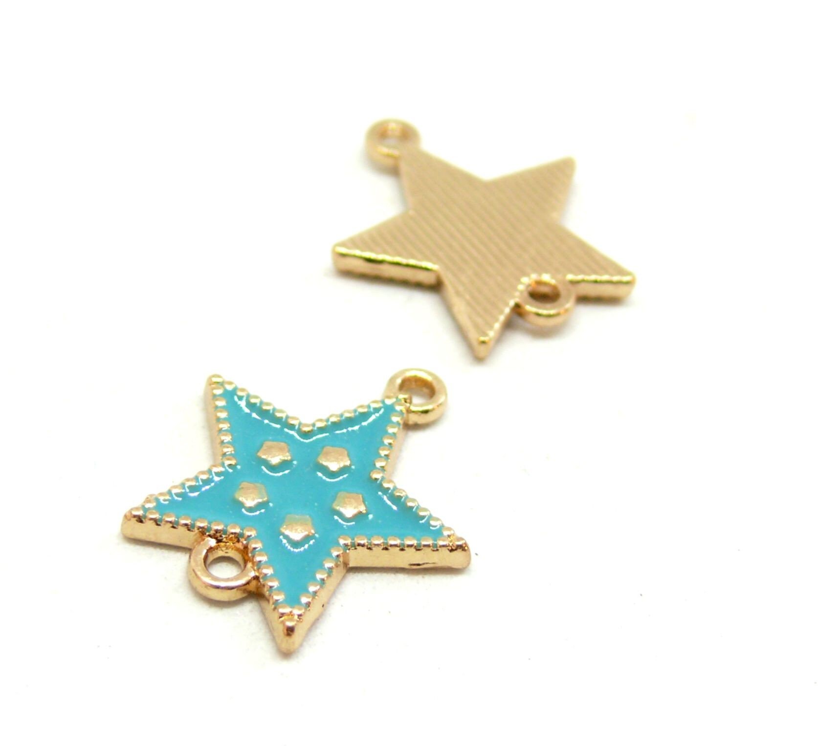 Ps11677025 Pax 5 Connecteurs Emailles Etoile Bleu Turquoise Metal Coloris Dore