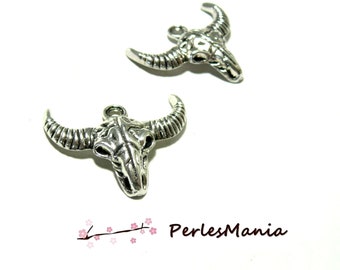 PAX 10 pendentifs Buffalo Tete Vache  29mm metal couleur Argent Antique PS1104969