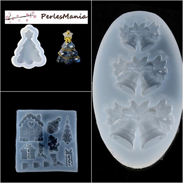 NOEL, SAPIN, CLOCHE, Silicone mould pendant for fimo resin creation