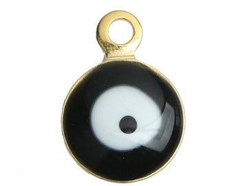 PS110246106 PAX 10 pendentifs émaillés biface Rond Noir Oeil Porte Bonheur 6mm Acier Inoxydable base Doré