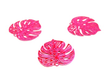 AE1111507 Lot de 4 Estampes pendentif connecteur filigrane Feuille Monstera 18mm coloris Rose Flashy