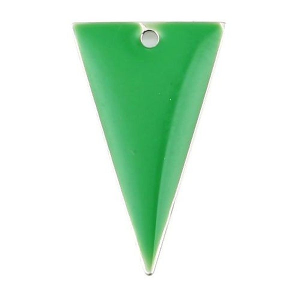 ps11667950 pax 4 sequins resine style emailles triangle vert  22 par 13mm sur une base en metal argente