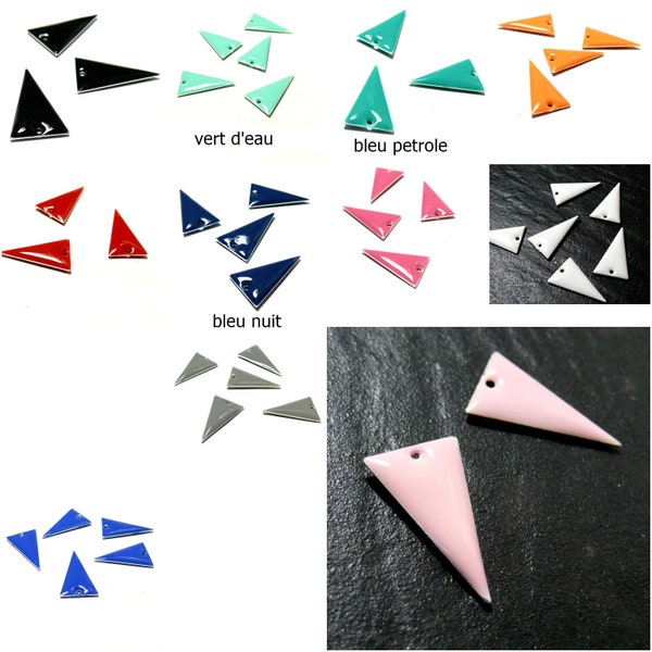 4 sequins médaillons style émaillés Biface Triangle 13mm par 23mm ref 11 COLORIS AU CHOIX  sur une base en métal argent