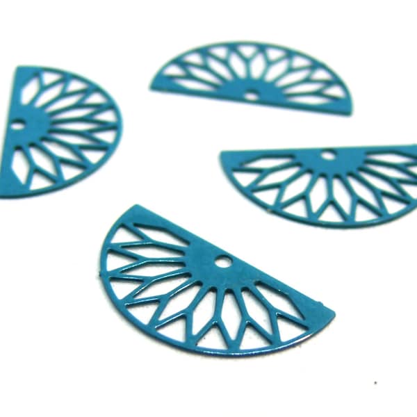 AE1110547 Lot de 6 Estampes pendentif filigrane demi cercle  Eventail  Bleu Canard 10 par 19mm