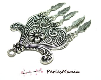 1 MAGNIFIQUE PENDENTIF ETHNIQUE à plumes metal couleur Argent Antique S1173399