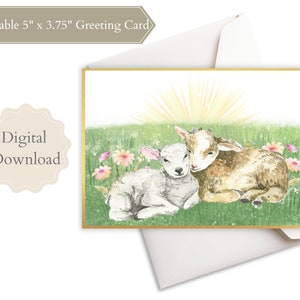 Cordero de Dios - Tarjeta en blanco - 5 pulgadas x 3,75 pulgadas - Imprimir en casa - Descarga digital instantánea - Bastante floral - Rayos de luz - Cordero en el prado - Amor