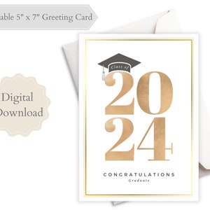 Tarjeta de graduación, descarga digital, en blanco, impresión 5 x 7 en casa, clase de 2024, graduado, diseño elegante, minimalista y bonito, felicitaciones