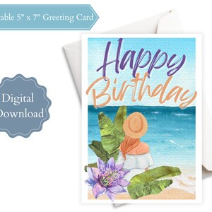 Feliz cumpleaños niña - Tarjeta de 5 x 7 pulgadas - En blanco - Descarga digital instantánea - Imprimir desde casa, amiga, hermana, madre, hija, esposa, playa