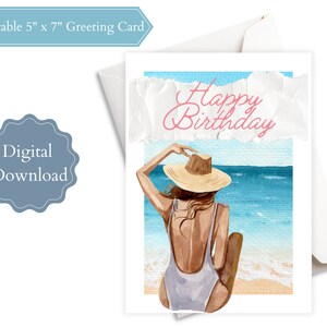 Cartão de feliz aniversário - 5 x 7 polegadas - em branco - download digital instantâneo - imprimir de casa, amiga, irmã, mãe, filha, esposa, praia, bonita