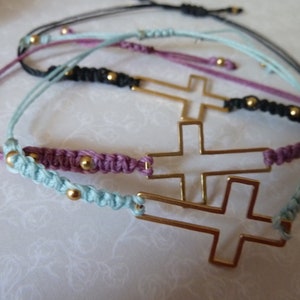 Friendship bracelet in macramé with gold steel cross, pink / blue / black, golden steel beads adjustable bracelet image 4