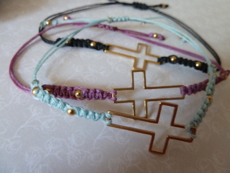 Friendship bracelet in macramé with gold steel cross, pink / blue / black, golden steel beads adjustable bracelet image 4
