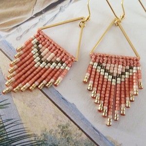 Earrings with terracotta fringes and fishing thread, boho inspired with Miyuki pearls image 1