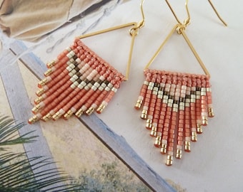 Earrings with terracotta fringes and fishing thread, boho inspired with Miyuki pearls