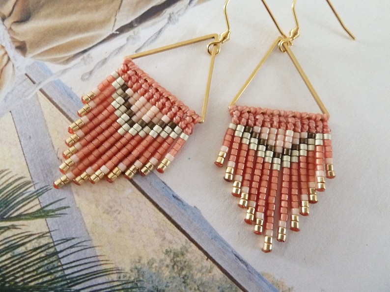 Earrings with terracotta fringes and fishing thread, boho inspired with Miyuki pearls image 1