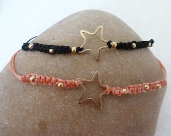 macrame friendship bracelet with gold steel star, salmon or black coral, gold steel beads - adjustable bracelet