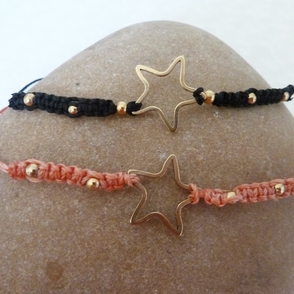 macrame friendship bracelet with gold steel star, salmon or black coral, gold steel beads - adjustable bracelet