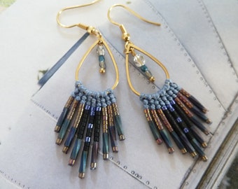 boucles à franges perlées doré et bleu de style bohème, acier et perles Miyuki