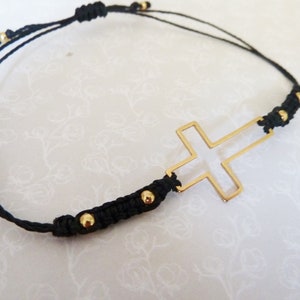 Friendship bracelet in macramé with gold steel cross, pink / blue / black, golden steel beads adjustable bracelet image 3