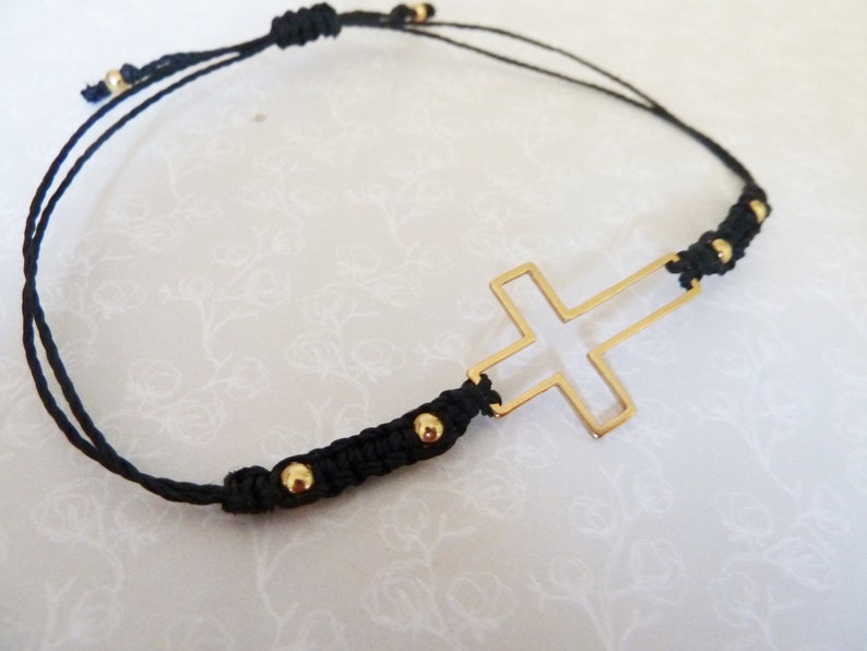 Friendship bracelet in macramé with gold steel cross, pink / blue / black, golden steel beads adjustable bracelet image 3