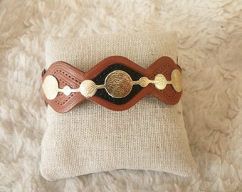 adjustable brown and gold leather boho cuff