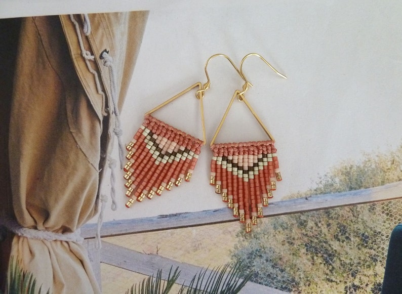 Earrings with terracotta fringes and fishing thread, boho inspired with Miyuki pearls image 3