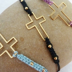 Friendship bracelet in macramé with gold steel cross, pink / blue / black, golden steel beads adjustable bracelet image 1