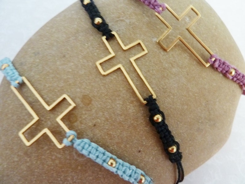 Friendship bracelet in macramé with gold steel cross, pink / blue / black, golden steel beads adjustable bracelet image 1