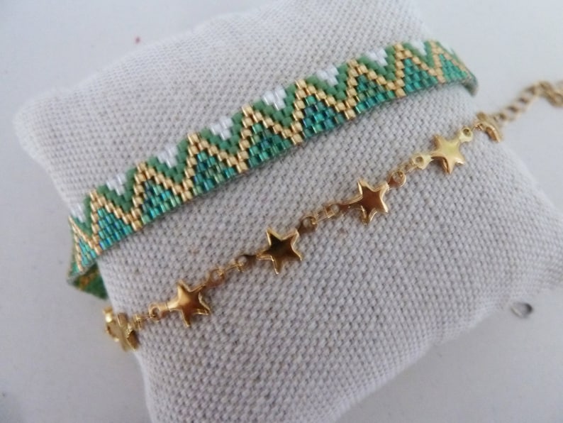 duo bracelet tissé vert et étoiles en acier doré, bohème chic avec perles Miyuki vert doré, combo chic image 7