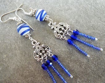 Earrings electric blue Gypsy, seed beads and and faceted