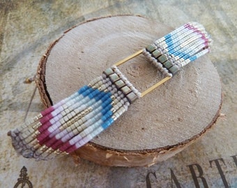 Adjustable bracelet Multi row beads pink blue with golden steel square inspired boho chic boho