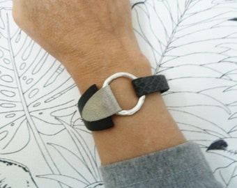 Original black silver beige leather cuff, unique bohemian chic rock style creation, designer gift, gift packaging