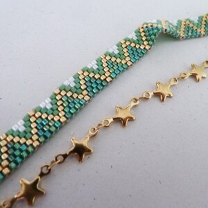 duo armband geweven groen en sterren in goudkleurig staal, boho chic met miyuki parels goudgroen, chique combo afbeelding 6