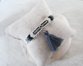 boho bracelet chic silver cuff, weaving and pompom blue slate