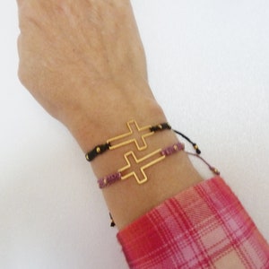 Friendship bracelet in macramé with gold steel cross, pink / blue / black, golden steel beads adjustable bracelet image 5