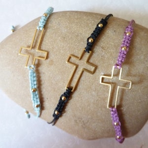 Friendship bracelet in macramé with gold steel cross, pink / blue / black, golden steel beads adjustable bracelet image 2