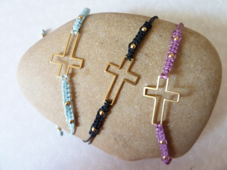 Friendship bracelet in macramé with gold steel cross, pink / blue / black, golden steel beads adjustable bracelet image 2