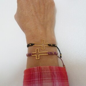Friendship bracelet in macramé with gold steel cross, pink / blue / black, golden steel beads adjustable bracelet image 9
