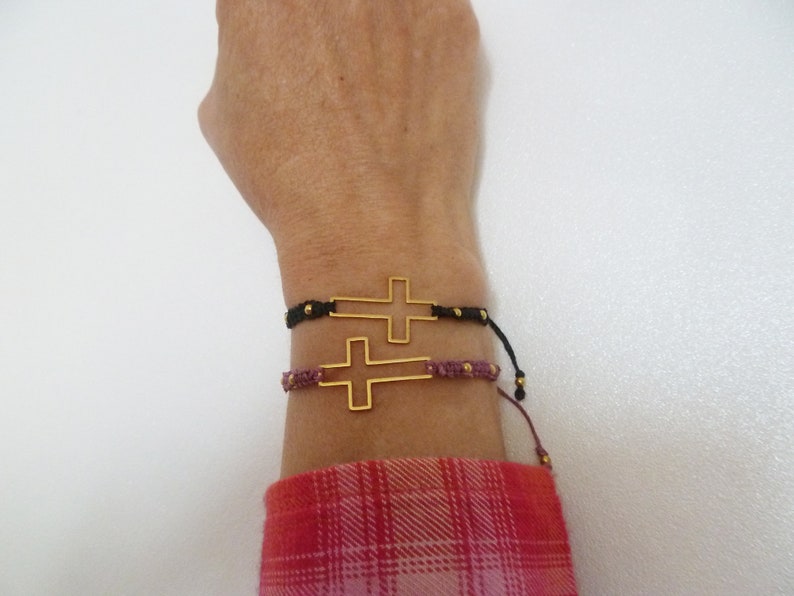 Friendship bracelet in macramé with gold steel cross, pink / blue / black, golden steel beads adjustable bracelet image 9