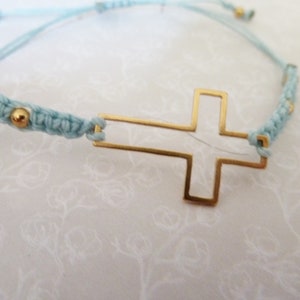 Friendship bracelet in macramé with gold steel cross, pink / blue / black, golden steel beads adjustable bracelet image 7