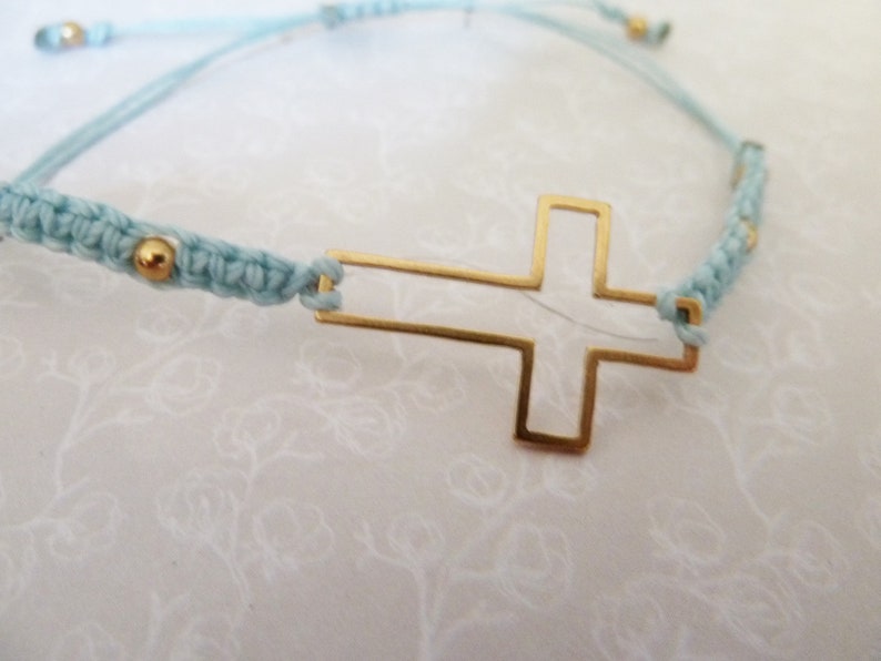 Friendship bracelet in macramé with gold steel cross, pink / blue / black, golden steel beads adjustable bracelet image 7