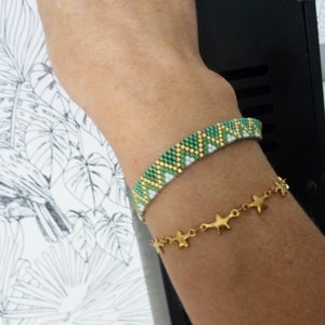 duo bracelet tissé vert et étoiles en acier doré, bohème chic avec perles Miyuki vert doré, combo chic image 4