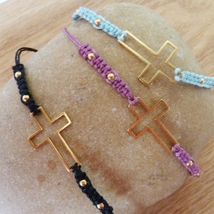 Friendship bracelet in macramé with gold steel cross, pink / blue / black, golden steel beads adjustable bracelet image 10