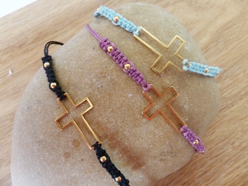 Friendship bracelet in macramé with gold steel cross, pink / blue / black, golden steel beads adjustable bracelet image 10