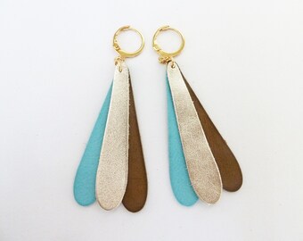 boucles d'oreilles gouttes de cuir et acier, cadeau femme tendance et plaisir, bleu doré kaki, bohème chic